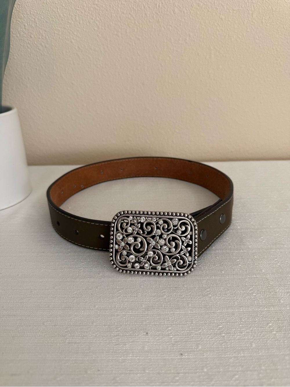 ARIAT Brown Leather Belt Flowers with Ornate Silver Buckle- Kids